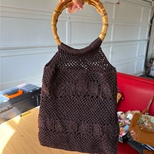 Handcrafted Dark Brown Crochet Tote with Bamboo Handles